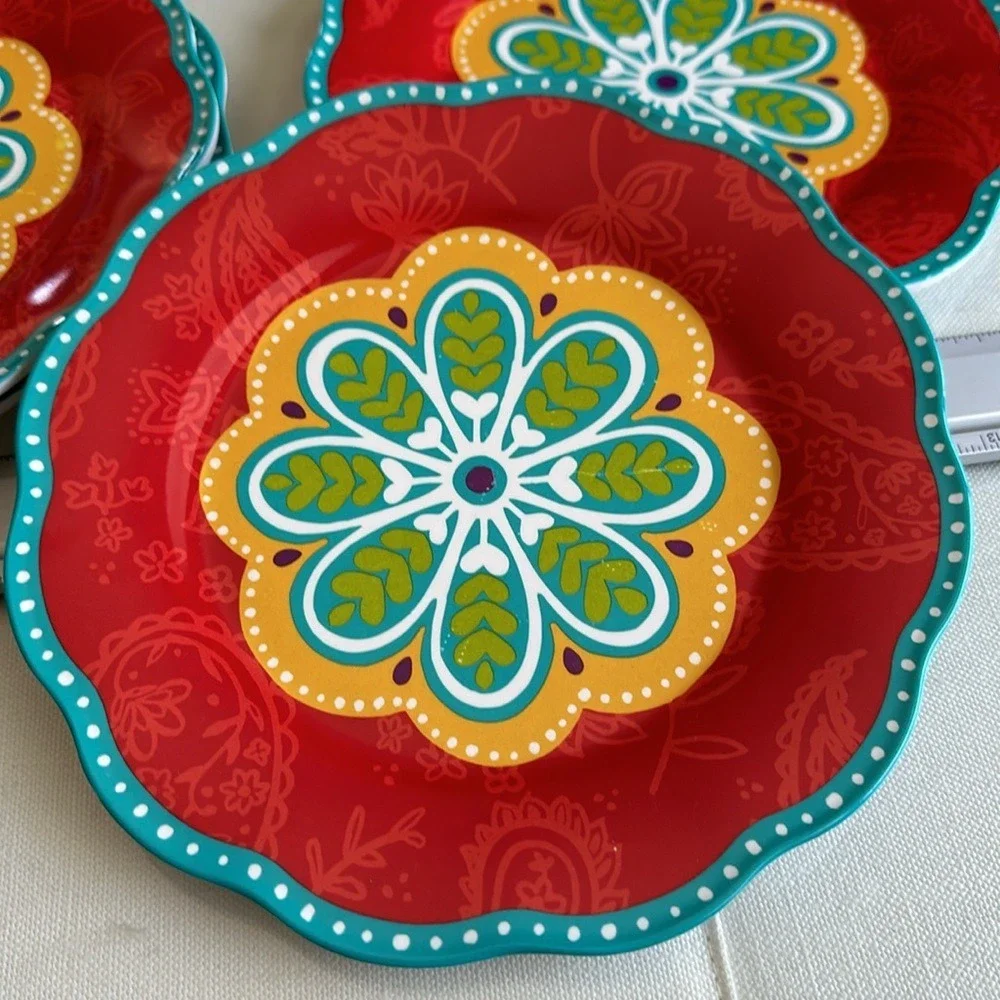 7 pc set Pier One Imports Melamine Dinner Plates Salad Sunny Bright Paisley‎ GUC